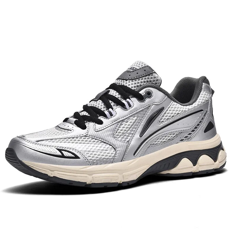 Men's breathable woven mesh sports shoes in black, low top with lace-up closure and rubber sole