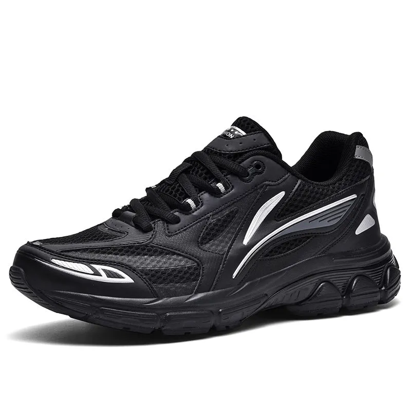 Men's breathable woven mesh sports shoes in black, low top with lace-up closure and rubber sole