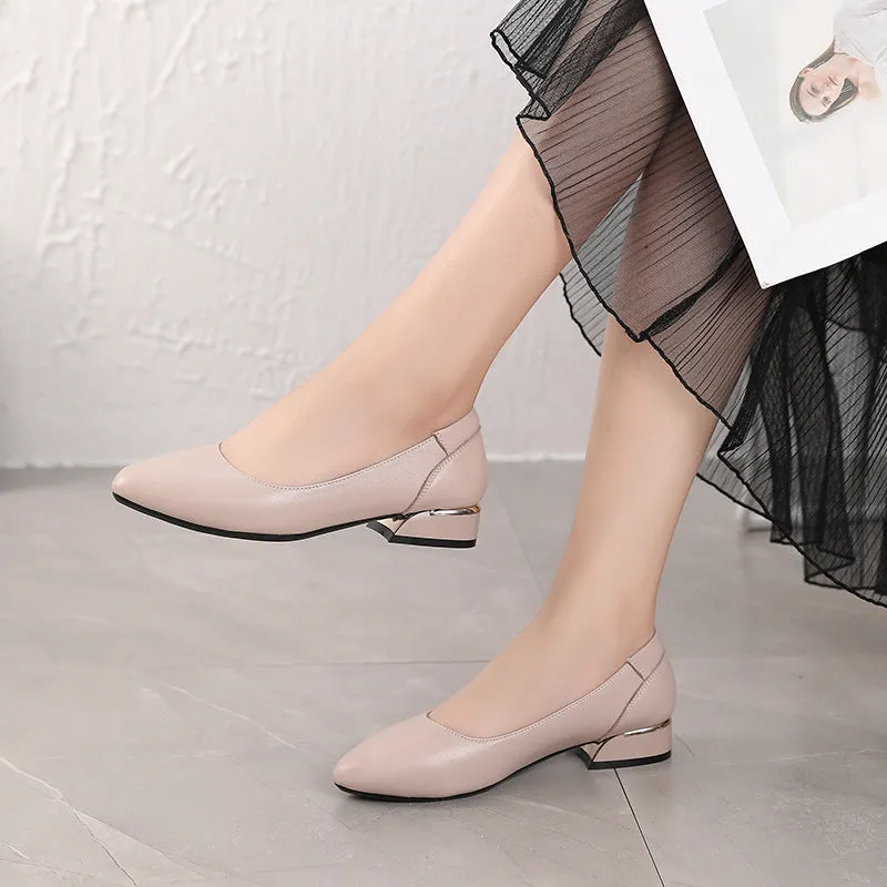 Women's beige cowhide flat pointed shoes with buckle fastening and rubber sole
