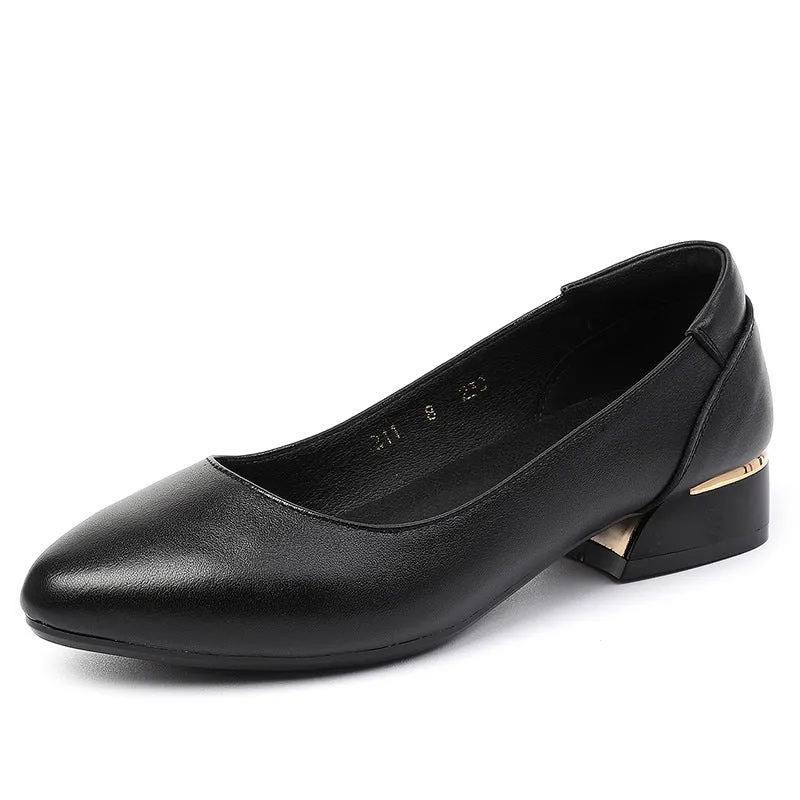 Women's beige cowhide flat pointed shoes with buckle fastening and rubber sole