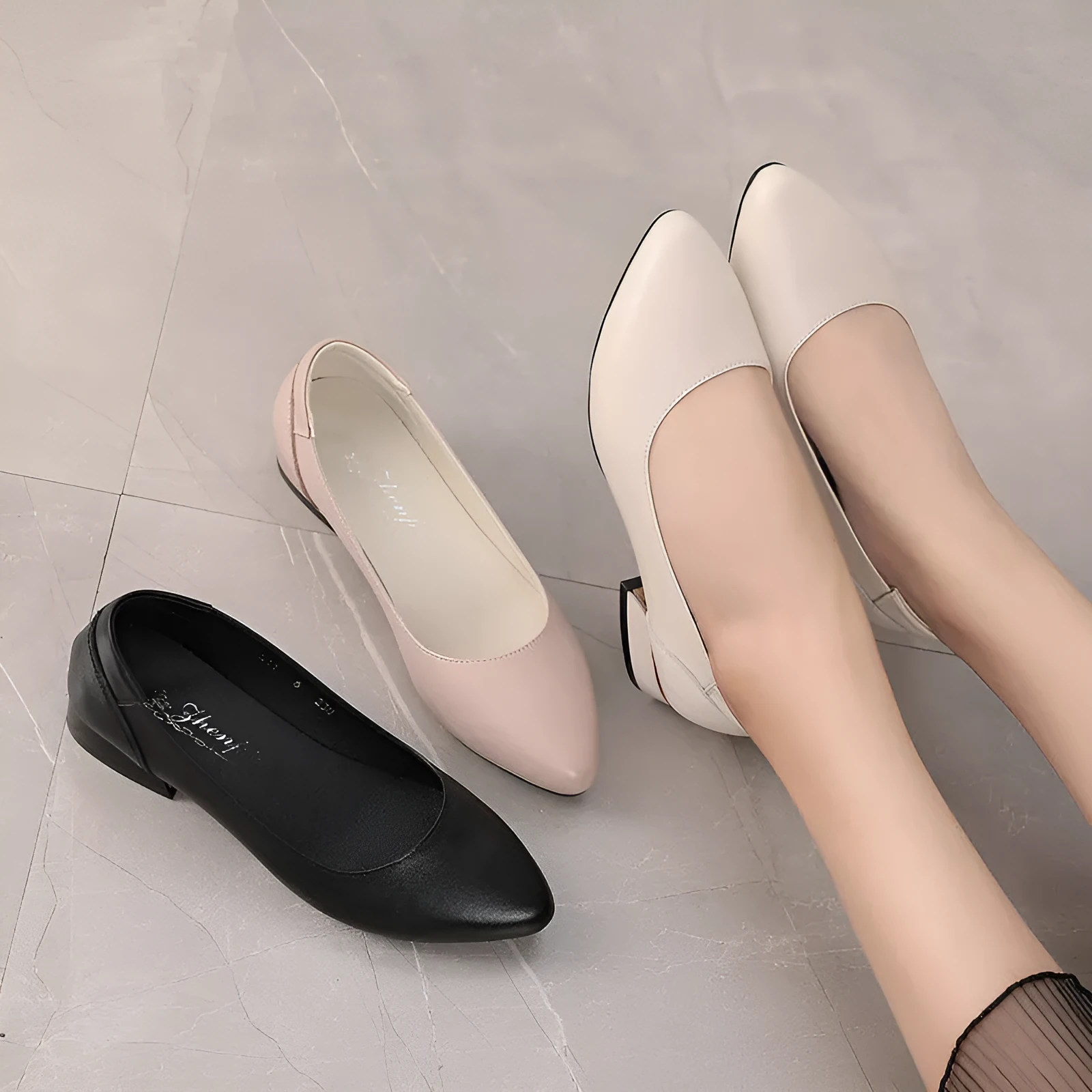 Women's beige cowhide flat pointed shoes with buckle fastening and rubber sole