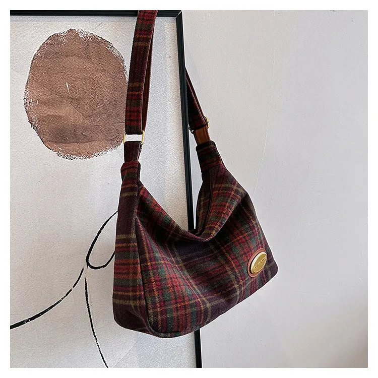 Women's large soft woolen cross-body shoulder bag in a horizontal square shape, shown in a choice of colours.