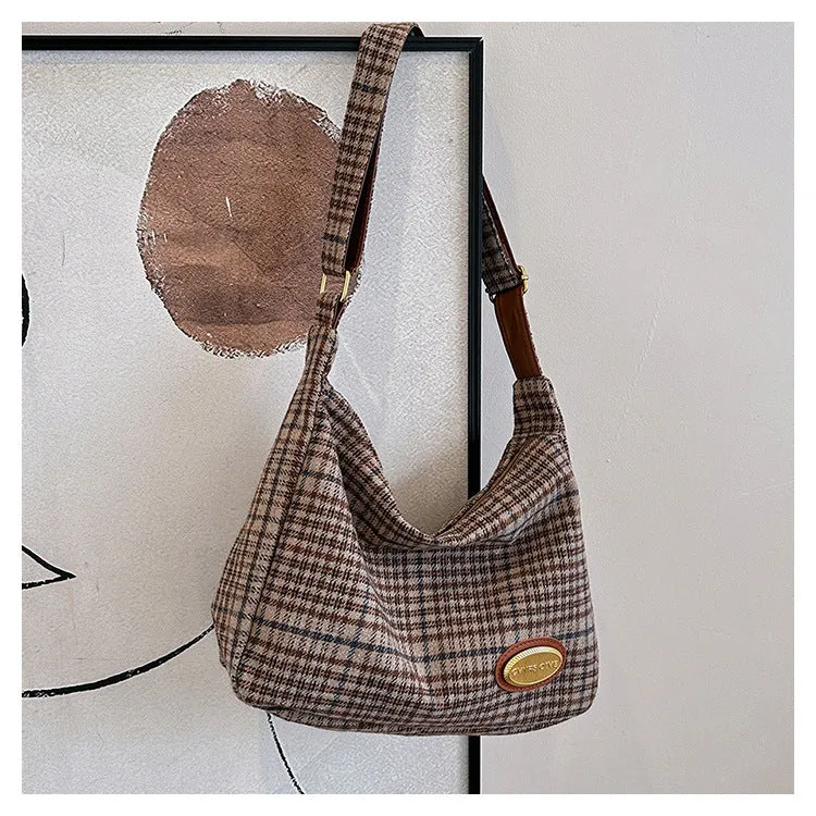 Women's large soft woolen cross-body shoulder bag in a horizontal square shape, shown in a choice of colours.