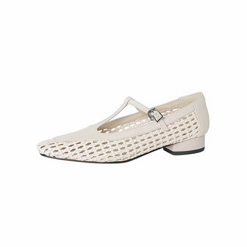 Mid heel cowhide leather Mary Jane sandals with square toe in silver, black, and white colour options