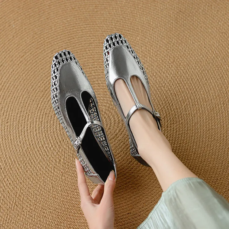 Mid heel cowhide leather Mary Jane sandals with square toe in silver, black, and white colour options