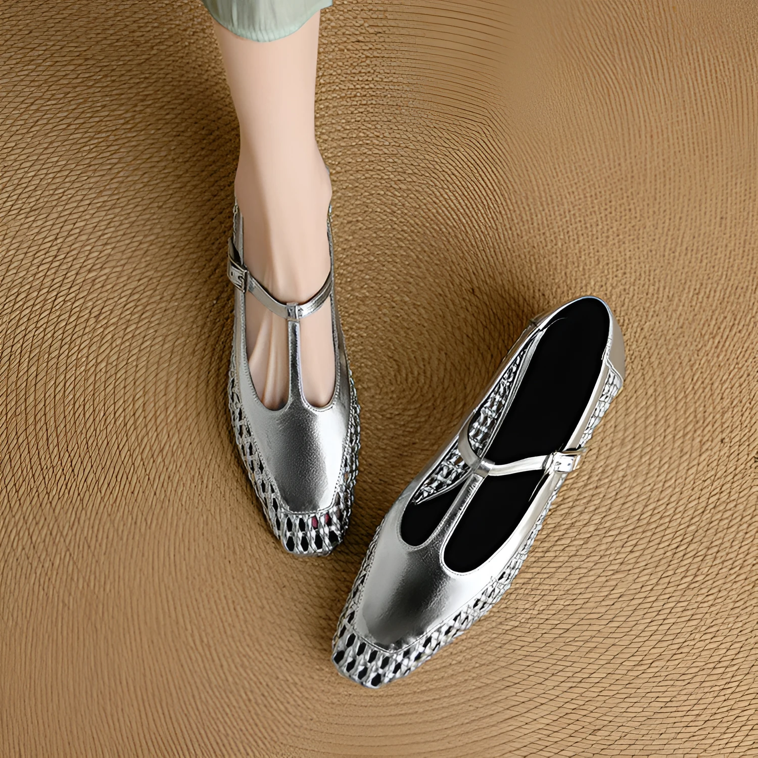 Mid heel cowhide leather Mary Jane sandals with square toe in silver, black, and white colour options