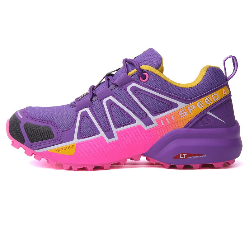 Off-road outdoor climbing boots with non-slip rubber sole and mesh fabric upper, available in purple and gray