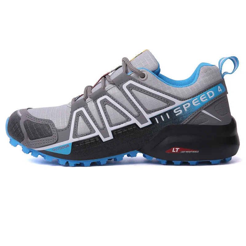 Off-road outdoor climbing boots with non-slip rubber sole and mesh fabric upper, available in purple and gray
