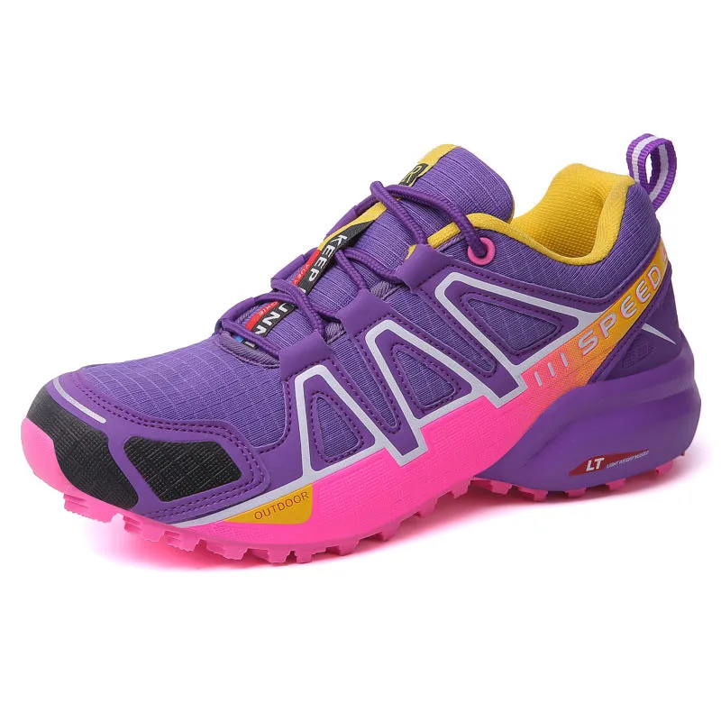 Off-road outdoor climbing boots with non-slip rubber sole and mesh fabric upper, available in purple and gray