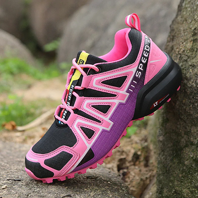 Off-road outdoor climbing boots with non-slip rubber sole and mesh fabric upper, available in purple and gray