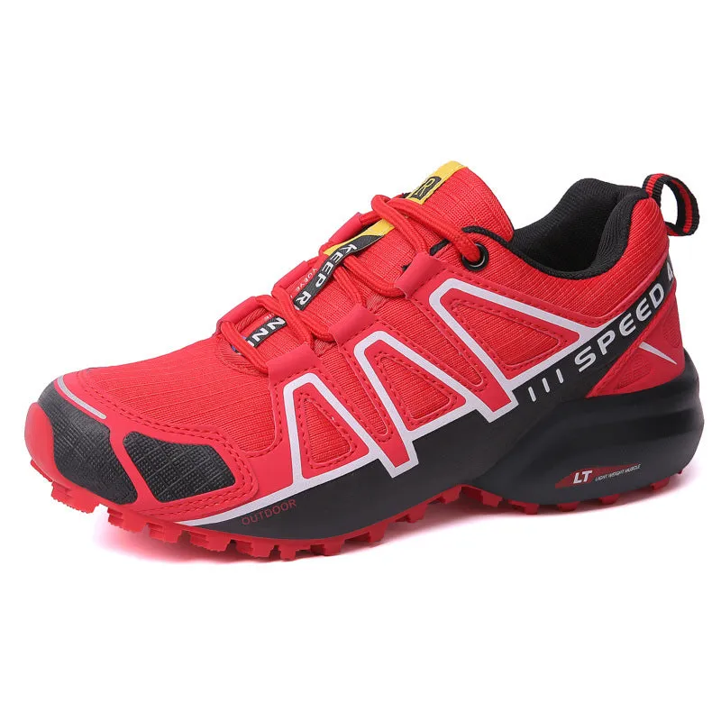 Off-road outdoor climbing boots with non-slip rubber sole and mesh fabric upper, available in purple and gray