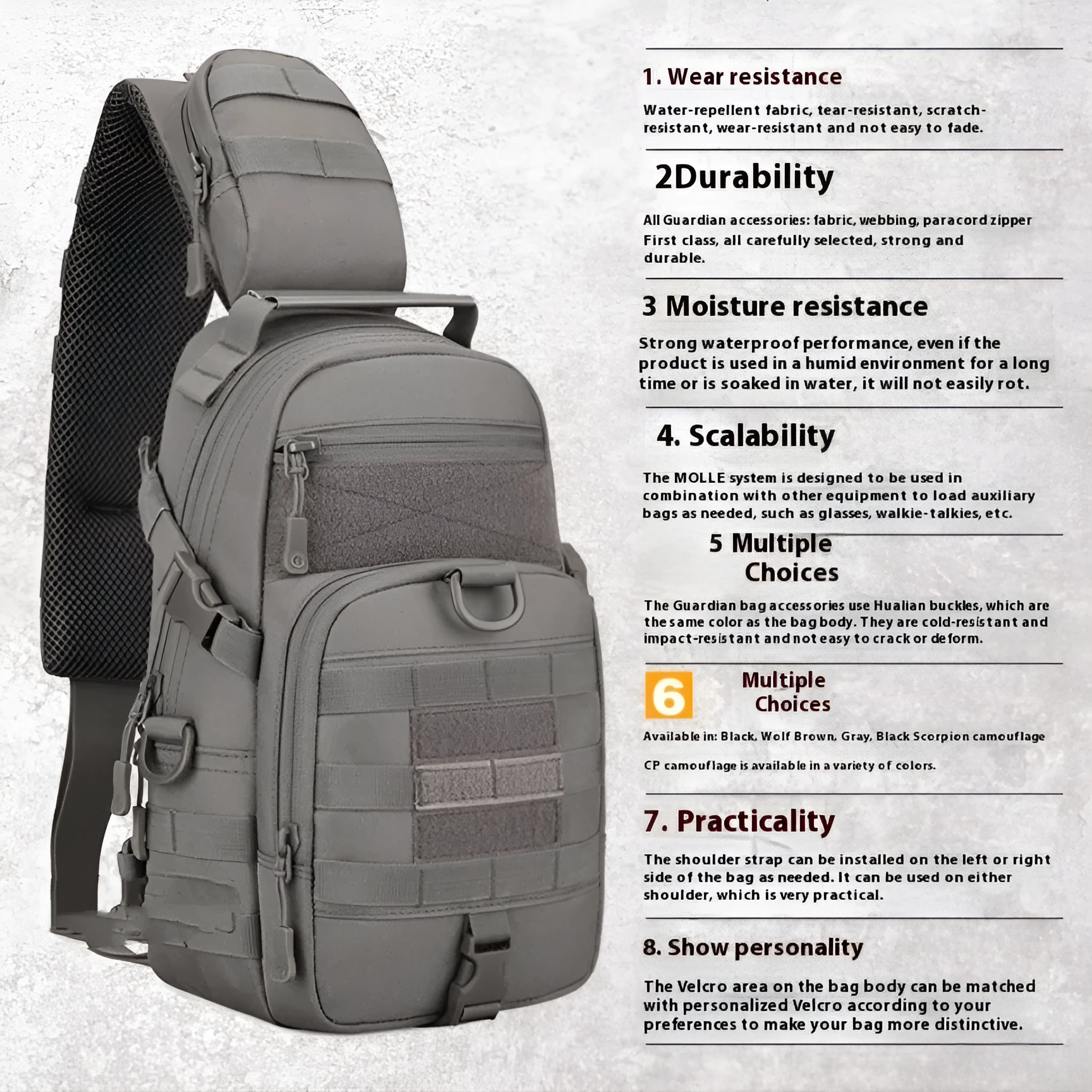 Men's nylon chest riding messenger bag in black camouflage, overall size 19x46x12cm