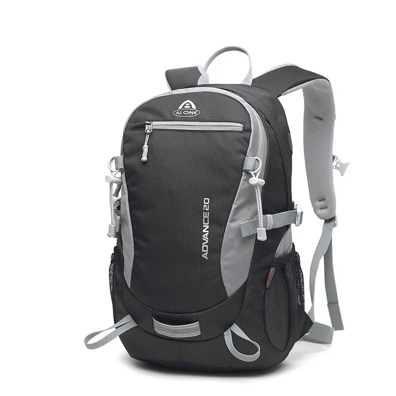 20-litre backpack shown in various colours including black, blue, green, orange, red, rose red, and turquoise