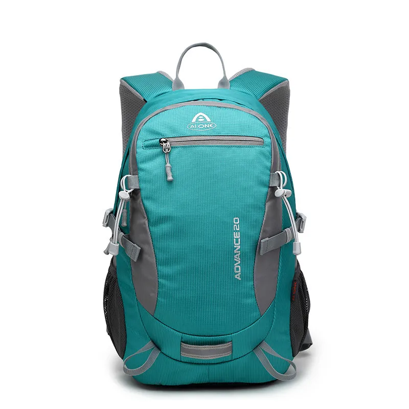 20-litre backpack shown in various colours including black, blue, green, orange, red, rose red, and turquoise