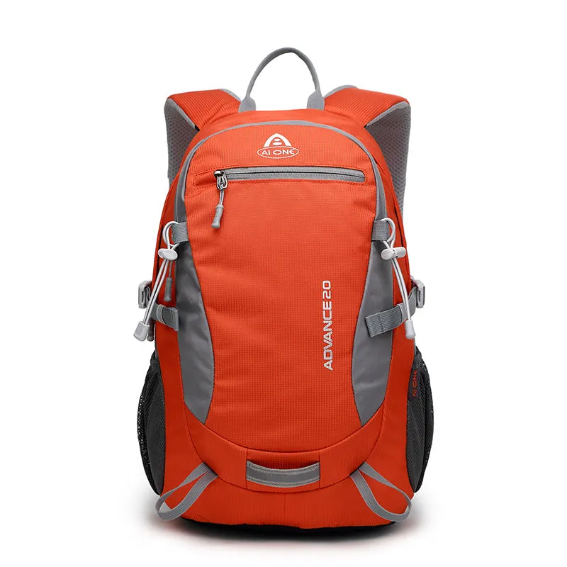 20-litre backpack shown in various colours including black, blue, green, orange, red, rose red, and turquoise
