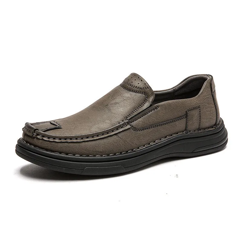 Business casual PU leather loafers for men, brown lace-up style with rubber sole and stitching detail