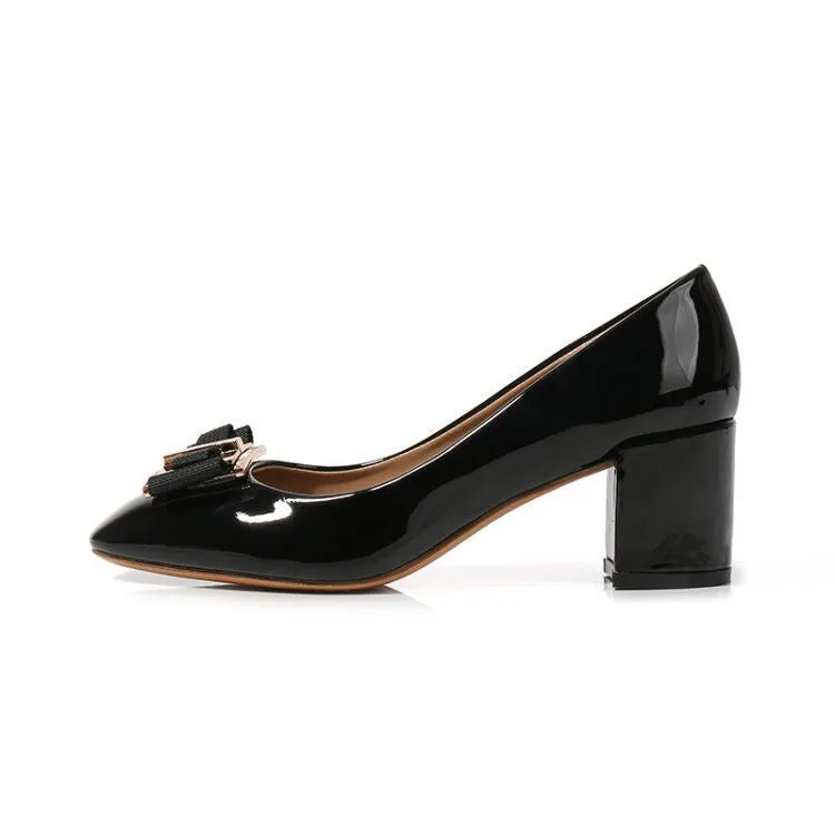 Mid heel round head chunky heel patent leather women's pumps with work buckle in solid colour