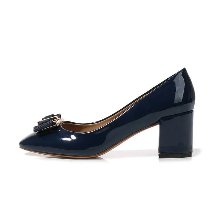 Mid heel round head chunky heel patent leather women's pumps with work buckle in solid colour