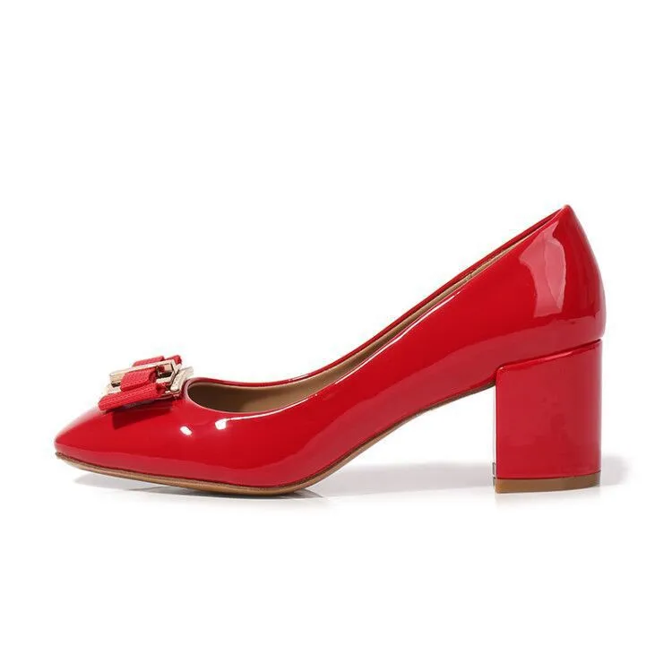 Mid heel round head chunky heel patent leather women's pumps with work buckle in solid colour