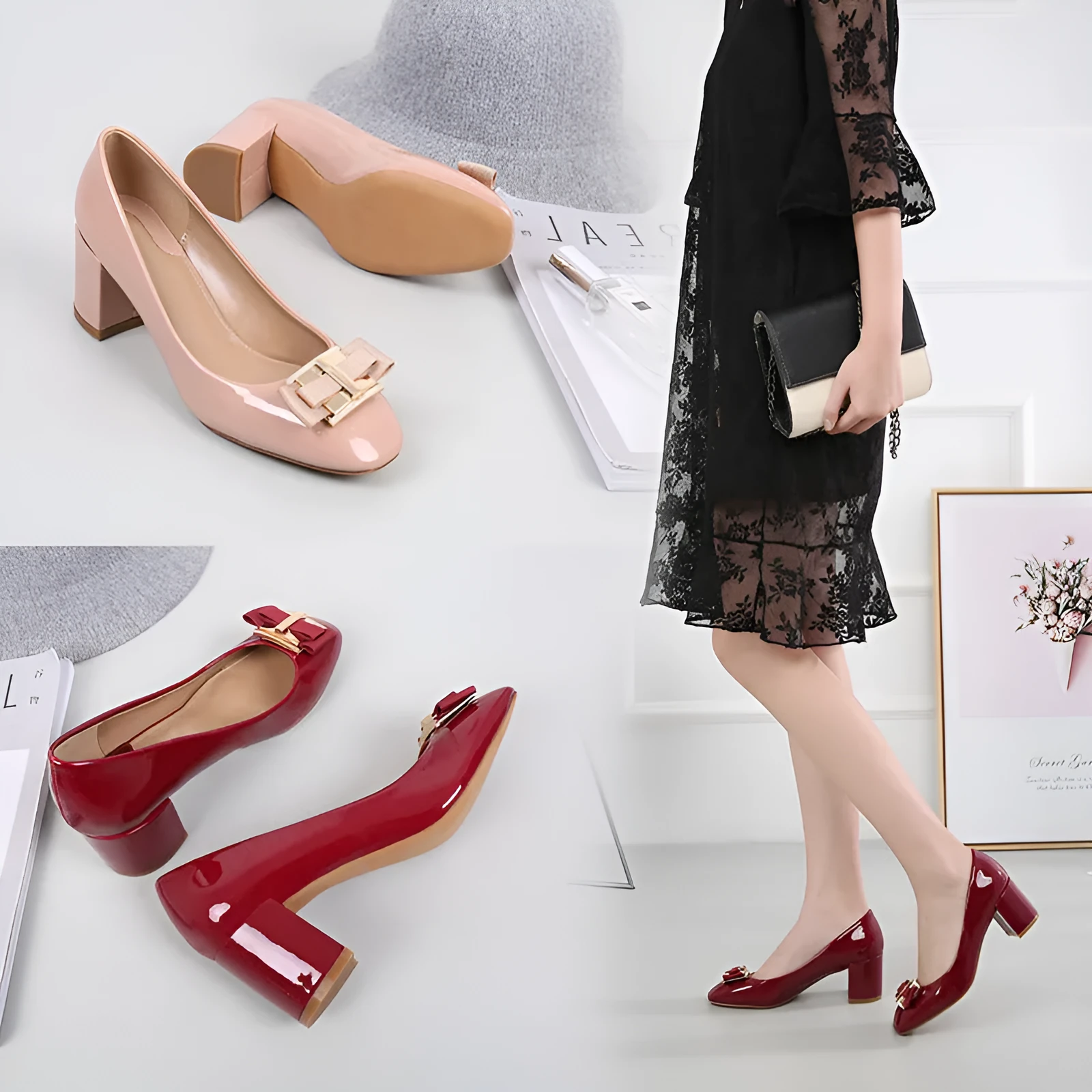 Mid heel round head chunky heel patent leather women's pumps with work buckle in solid colour