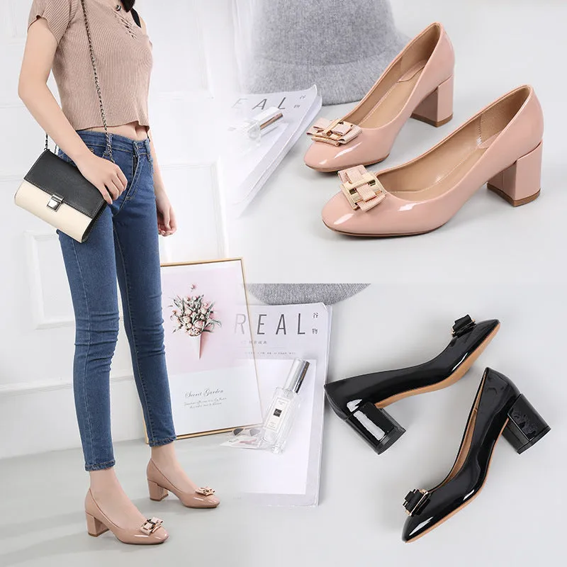 Mid heel round head chunky heel patent leather women's pumps with work buckle in solid colour