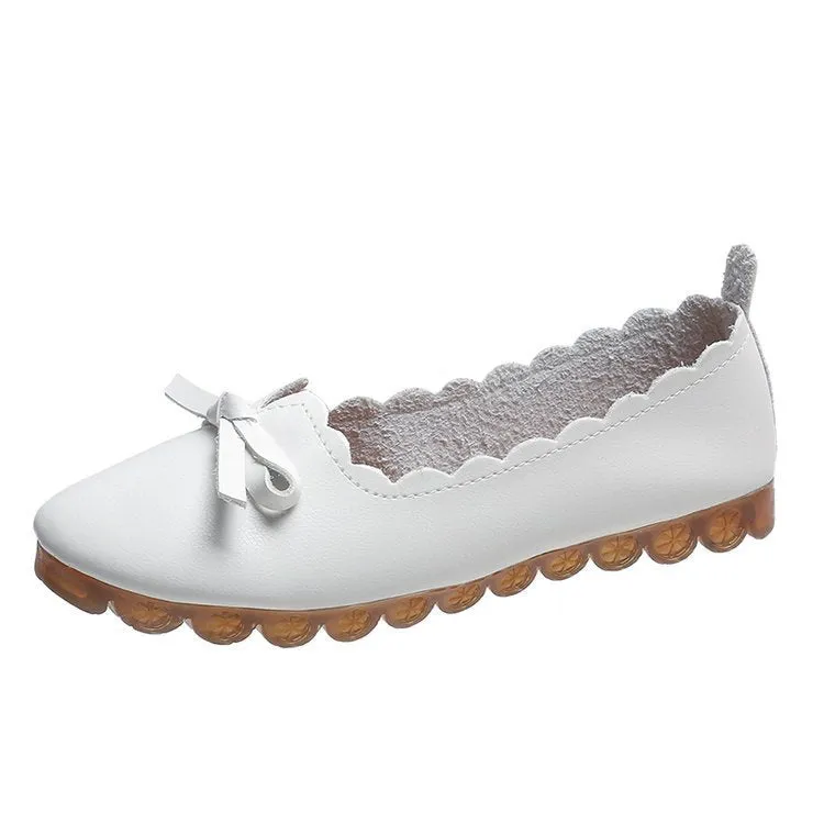 Korean style women's shallow mouth slip-on pumps in apricot, round toe, low heel, rubber sole