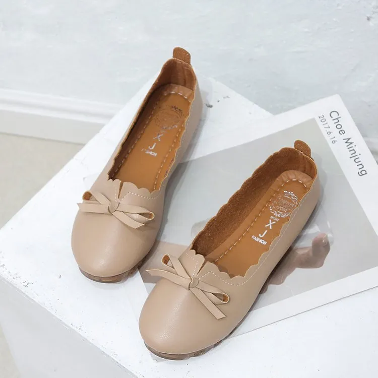 Korean style women's shallow mouth slip-on pumps in apricot, round toe, low heel, rubber sole
