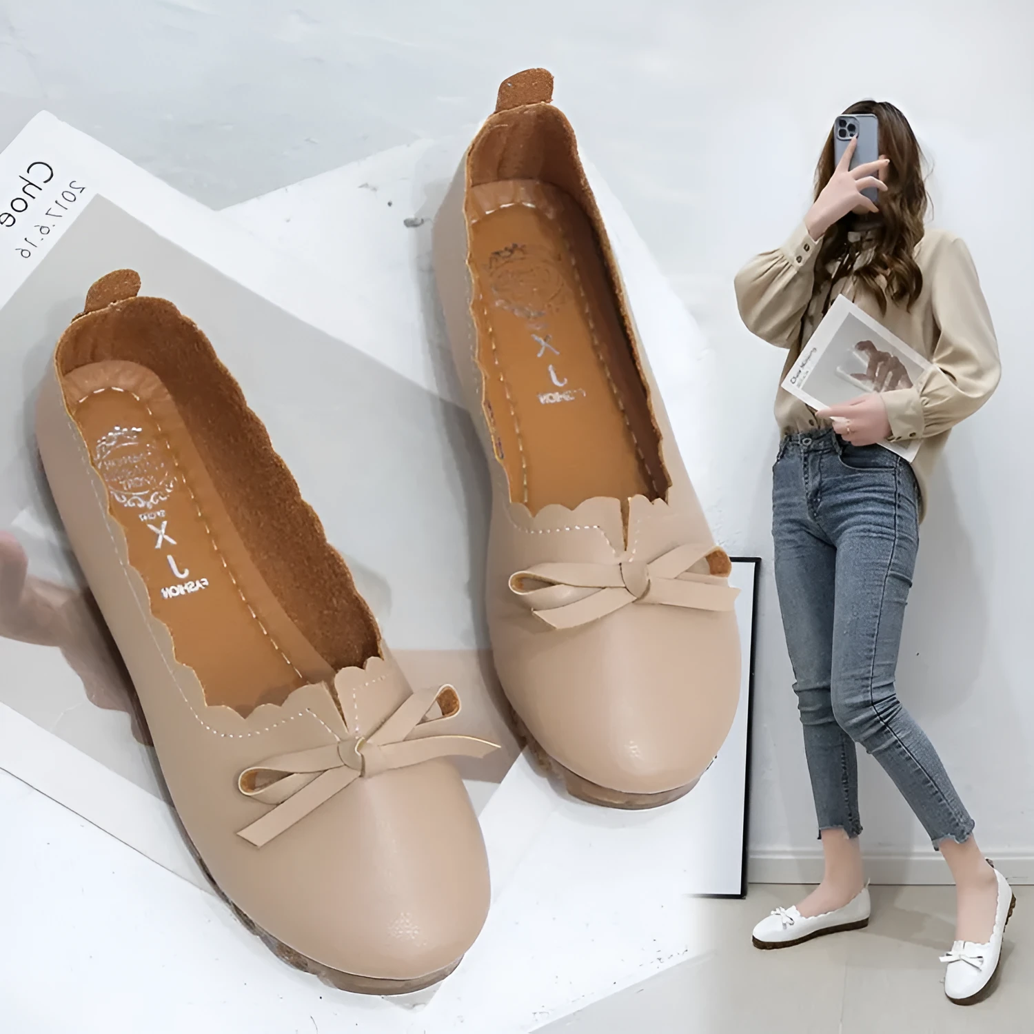 Korean style women's shallow mouth slip-on pumps in apricot, round toe, low heel, rubber sole