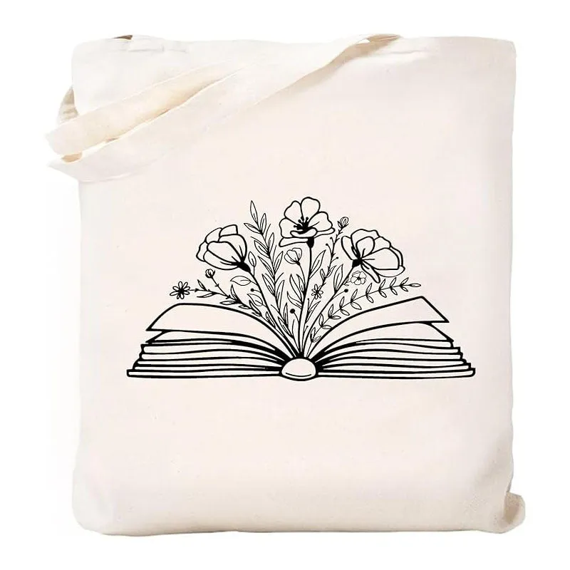 White canvas hand shopping bag with Halloween digital print, 34 by 42 centimetres, on plain background