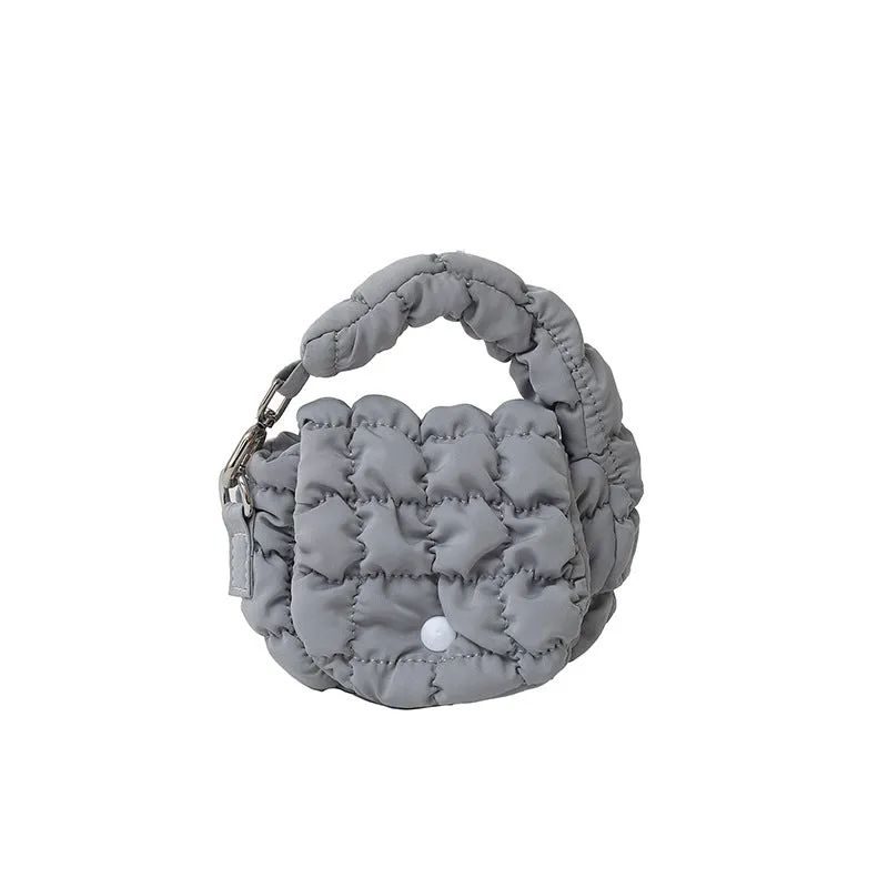 Women's soft nylon cloud handbag 12x10x5cm in pink with embroidery stitching and matching small bag
