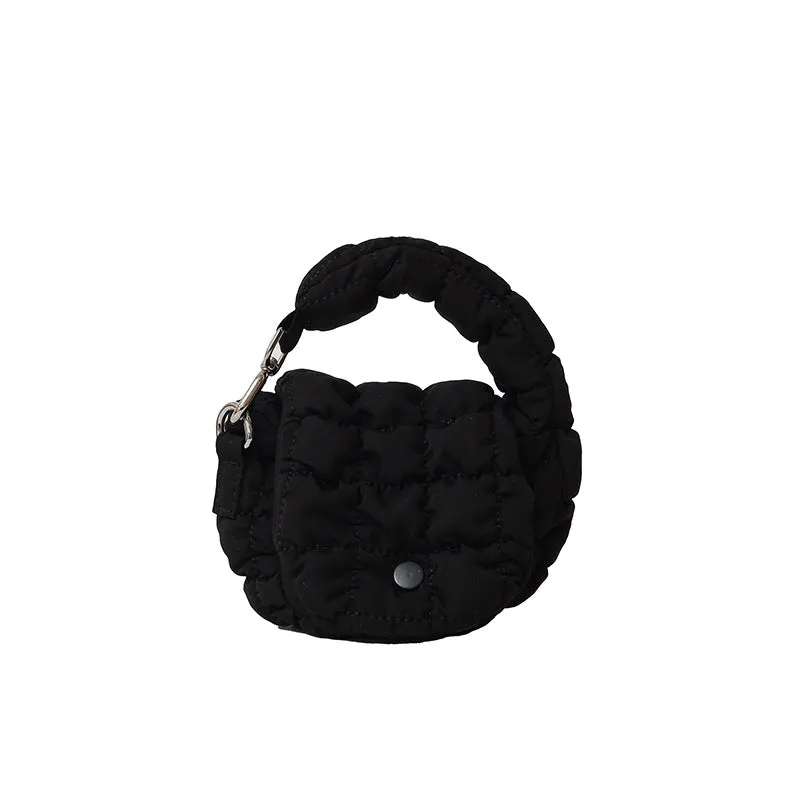Women's soft nylon cloud handbag 12x10x5cm in pink with embroidery stitching and matching small bag