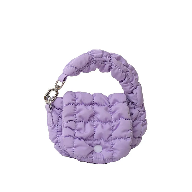 Women's soft nylon cloud handbag 12x10x5cm in pink with embroidery stitching and matching small bag