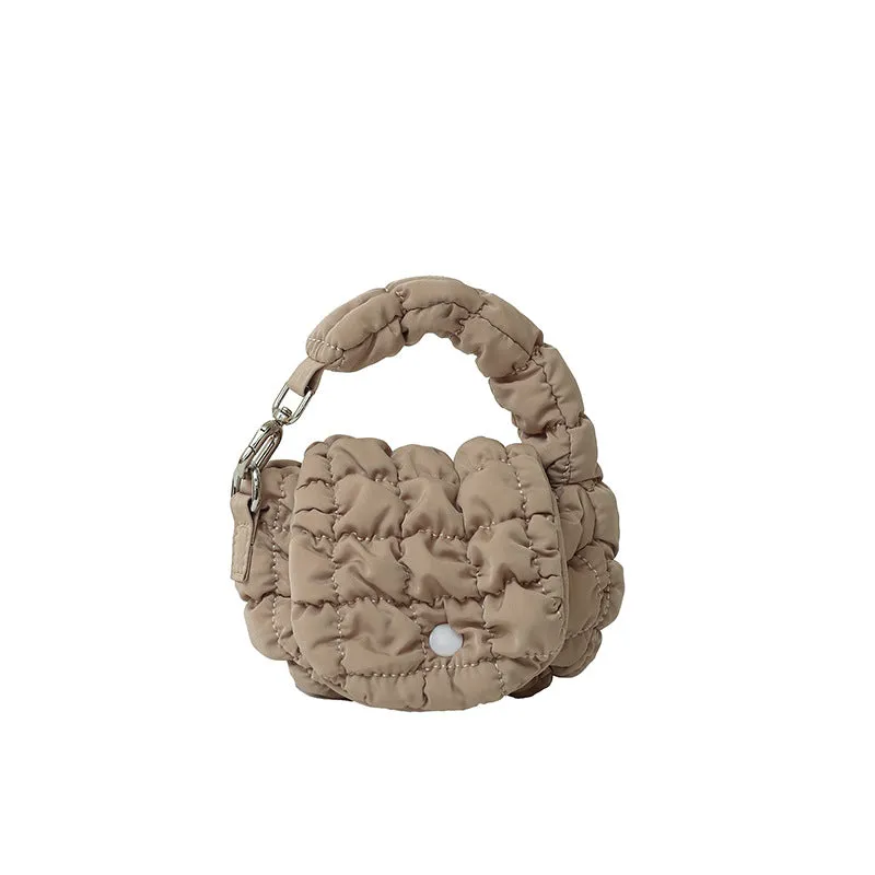 Women's soft nylon cloud handbag 12x10x5cm in pink with embroidery stitching and matching small bag