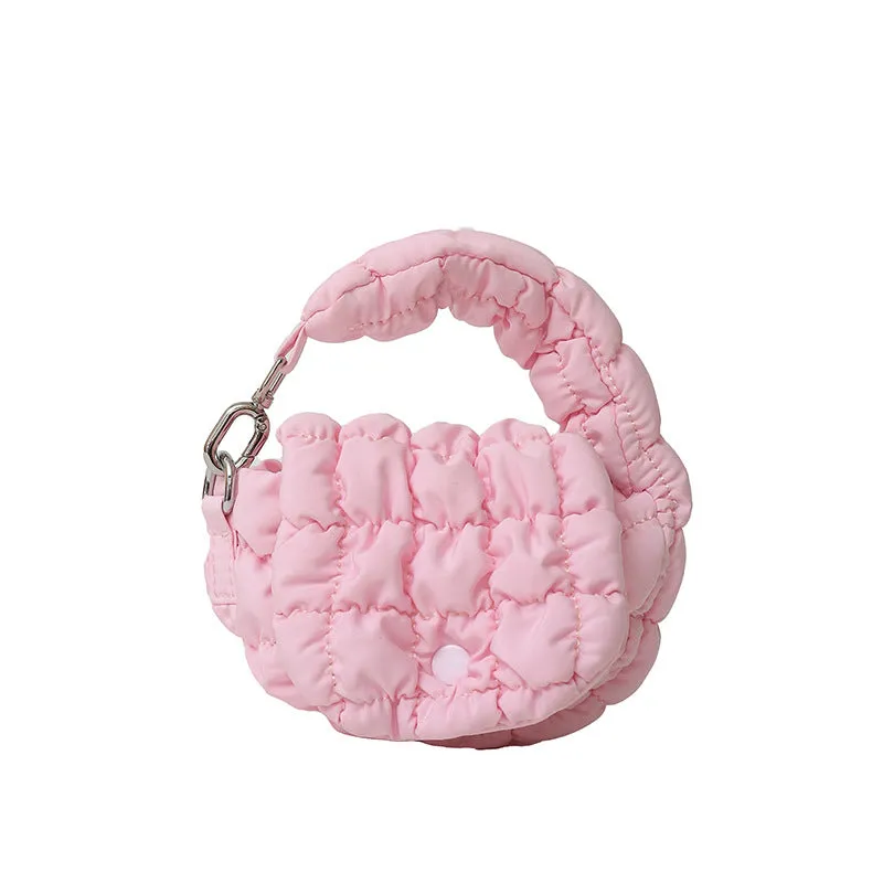 Women's soft nylon cloud handbag 12x10x5cm in pink with embroidery stitching and matching small bag