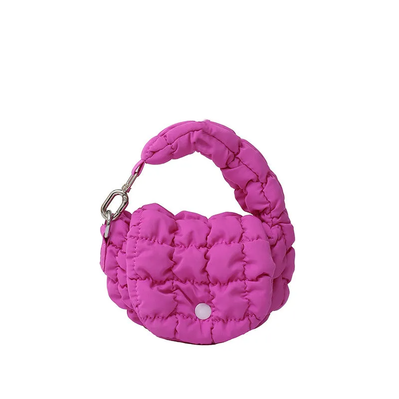 Women's soft nylon cloud handbag 12x10x5cm in pink with embroidery stitching and matching small bag