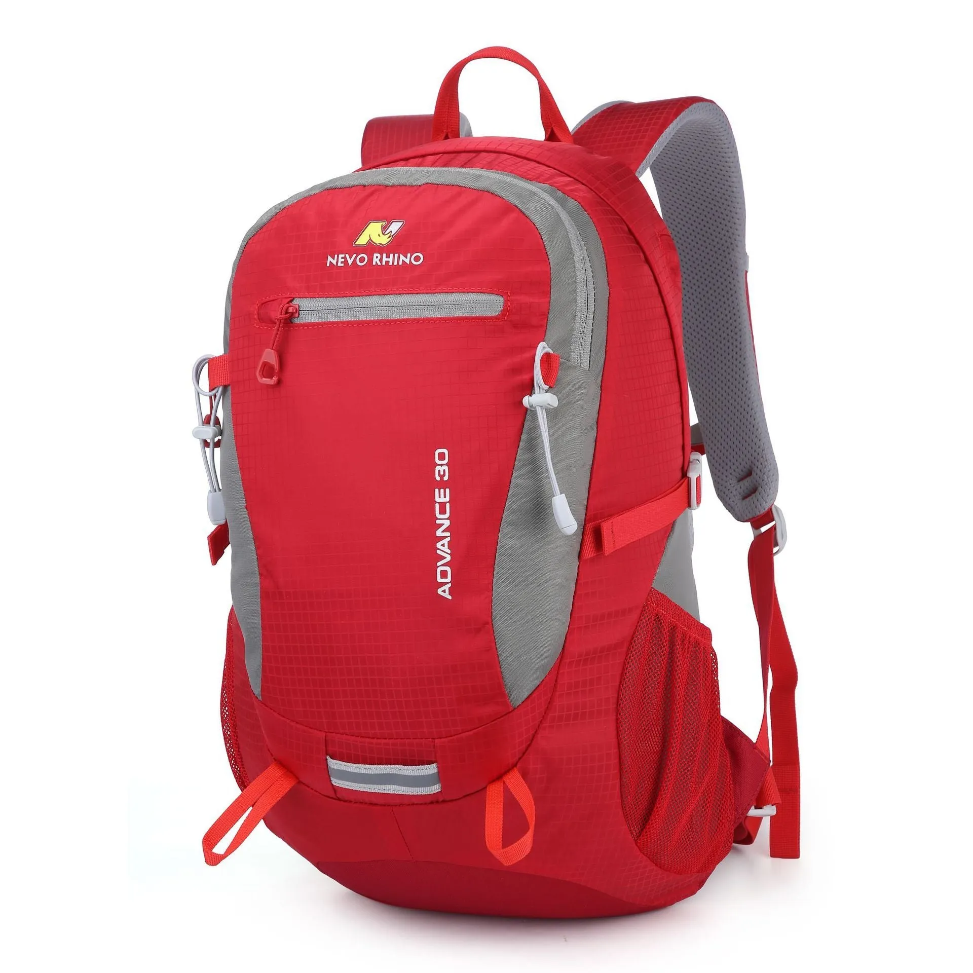 30 litre dark green nylon outdoor backpack with airpillow straps on a grey background.