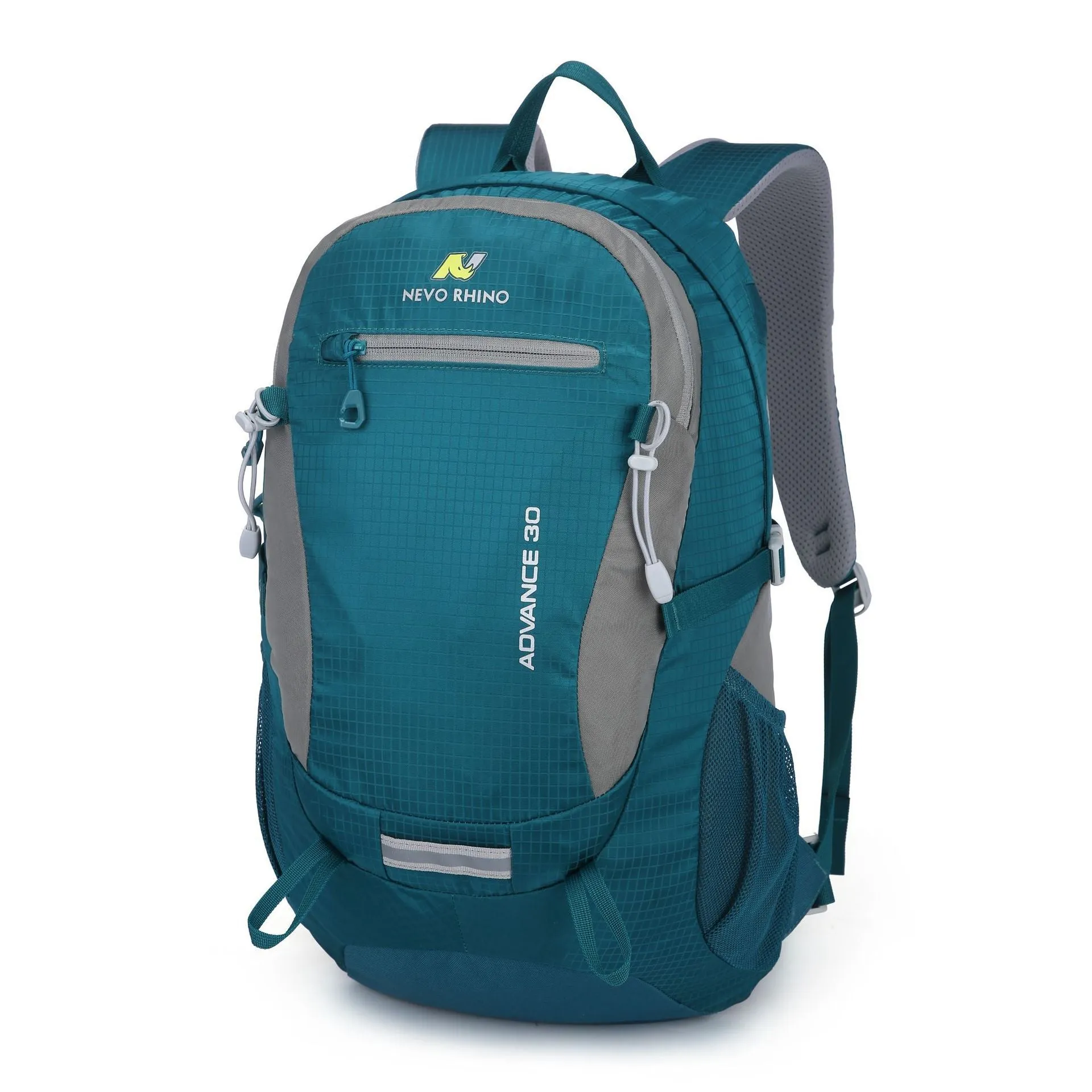 30 litre dark green nylon outdoor backpack with airpillow straps on a grey background.
