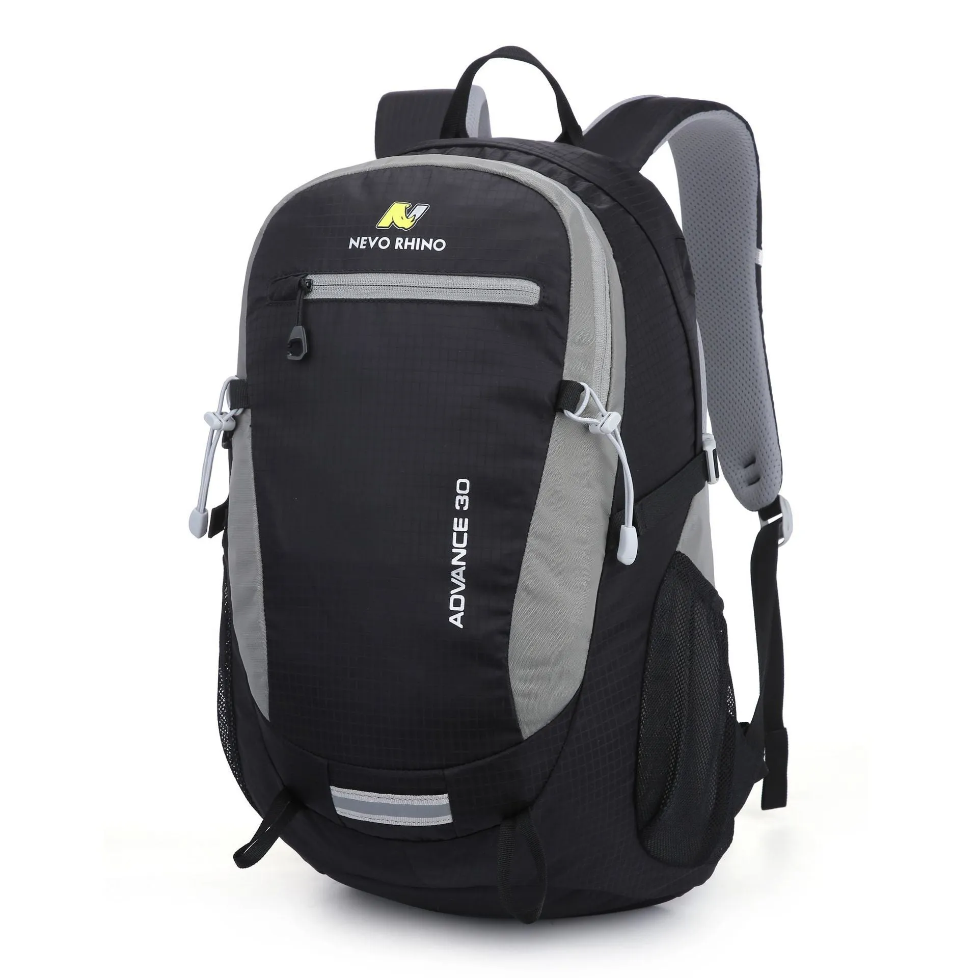 30 litre dark green nylon outdoor backpack with airpillow straps on a grey background.