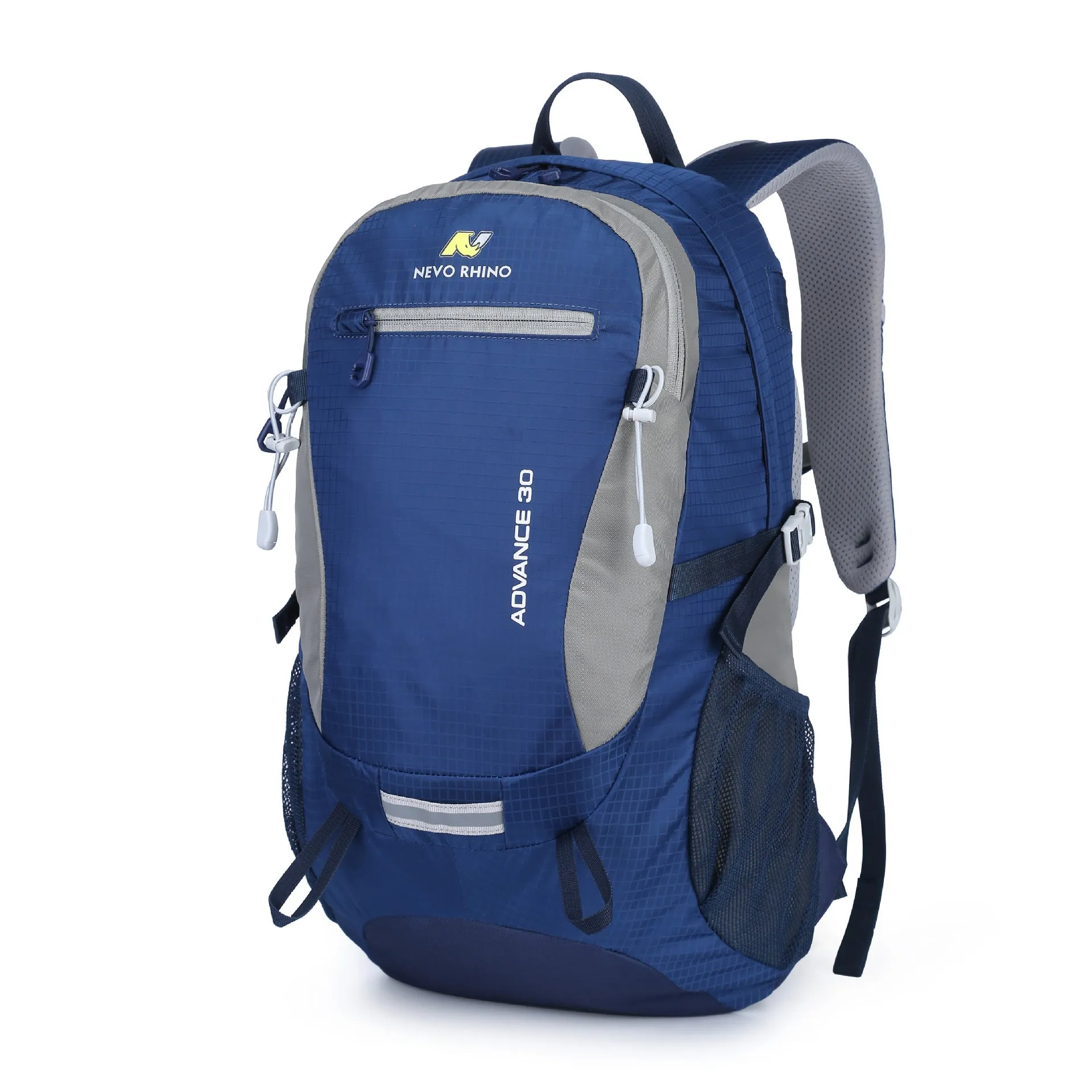 30 litre dark green nylon outdoor backpack with airpillow straps on a grey background.