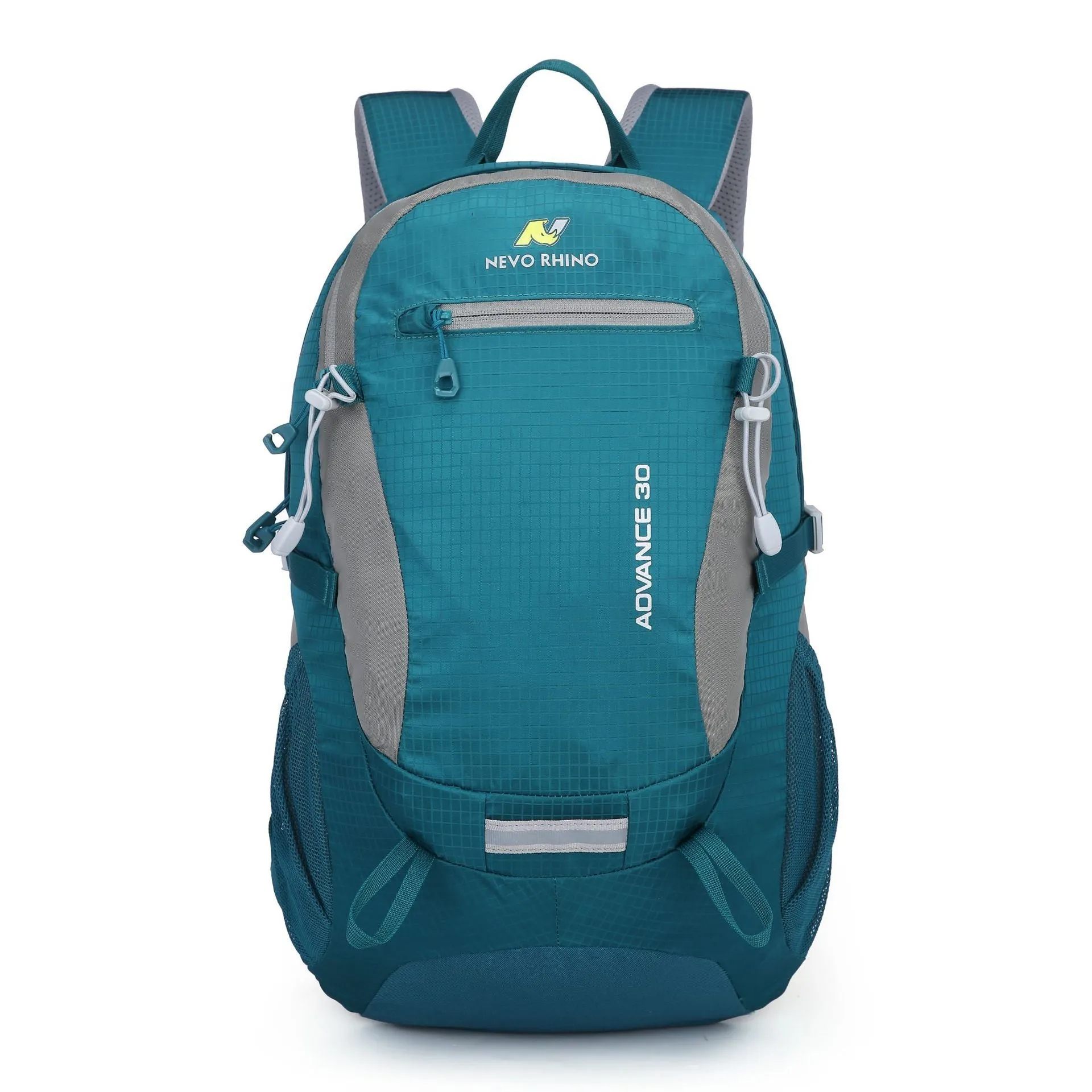30 litre dark green nylon outdoor backpack with airpillow straps on a grey background.