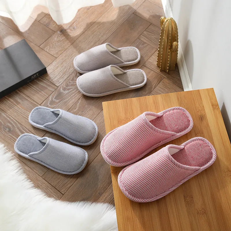 Household stripes indoor non-slip cotton slippers with PVC sole and round toe in a colour option