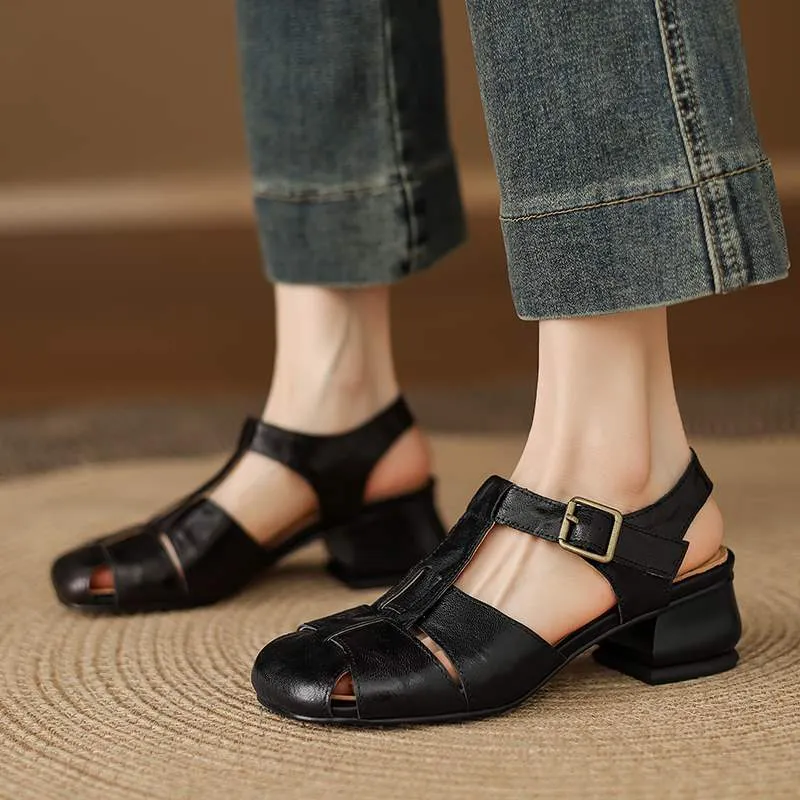Women's genuine leather Roman sandals with square toe, available in black, red, beige, and creamy-white – sizes 34-40