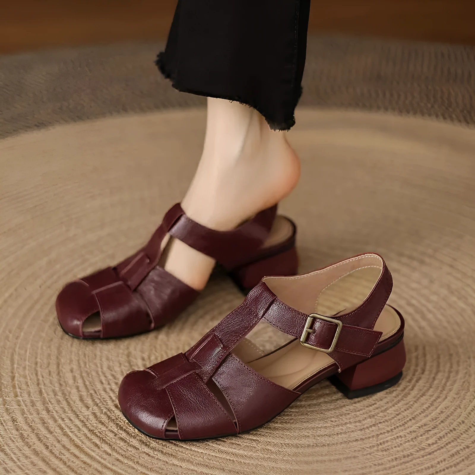 Women's genuine leather Roman sandals with square toe, available in black, red, beige, and creamy-white – sizes 34-40