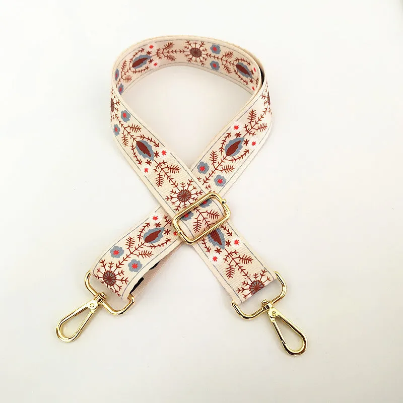 Colourful wide shoulder strap purse chain with floral pattern and gold buckle for handbag