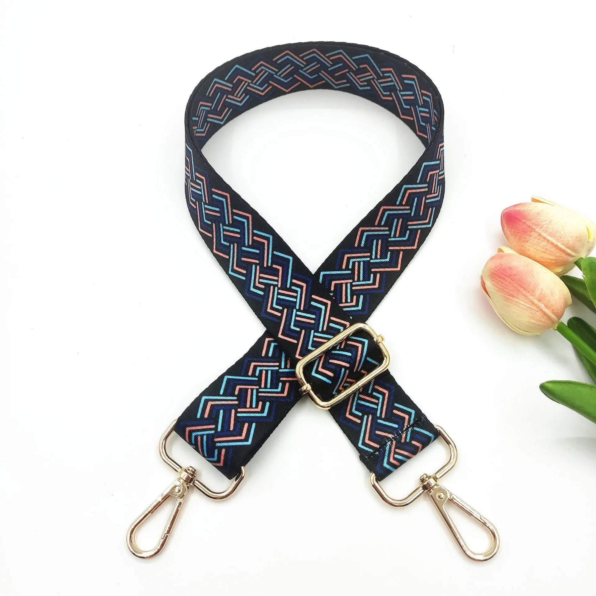 Colourful wide shoulder strap purse chain with floral pattern and gold buckle for handbag
