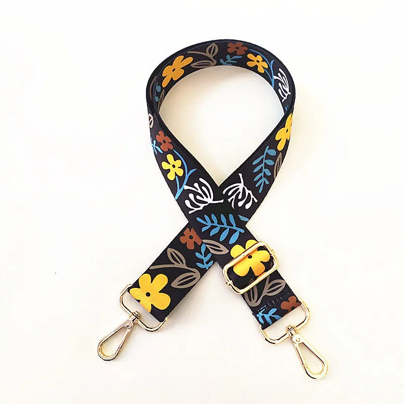 Colourful wide shoulder strap purse chain with floral pattern and gold buckle for handbag