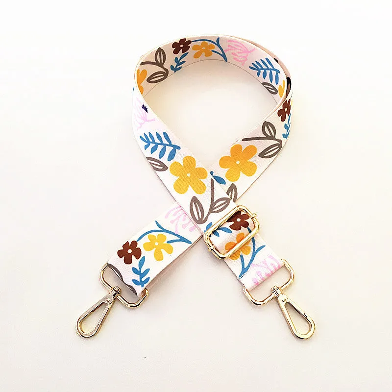 Colourful wide shoulder strap purse chain with floral pattern and gold buckle for handbag