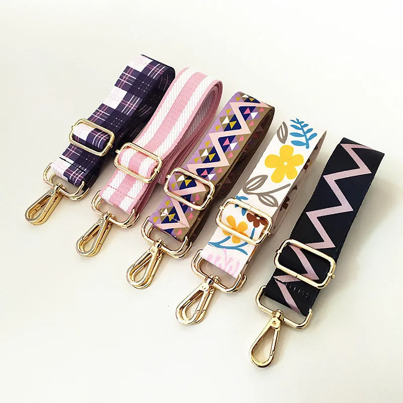 Colourful wide shoulder strap purse chain with floral pattern and gold buckle for handbag