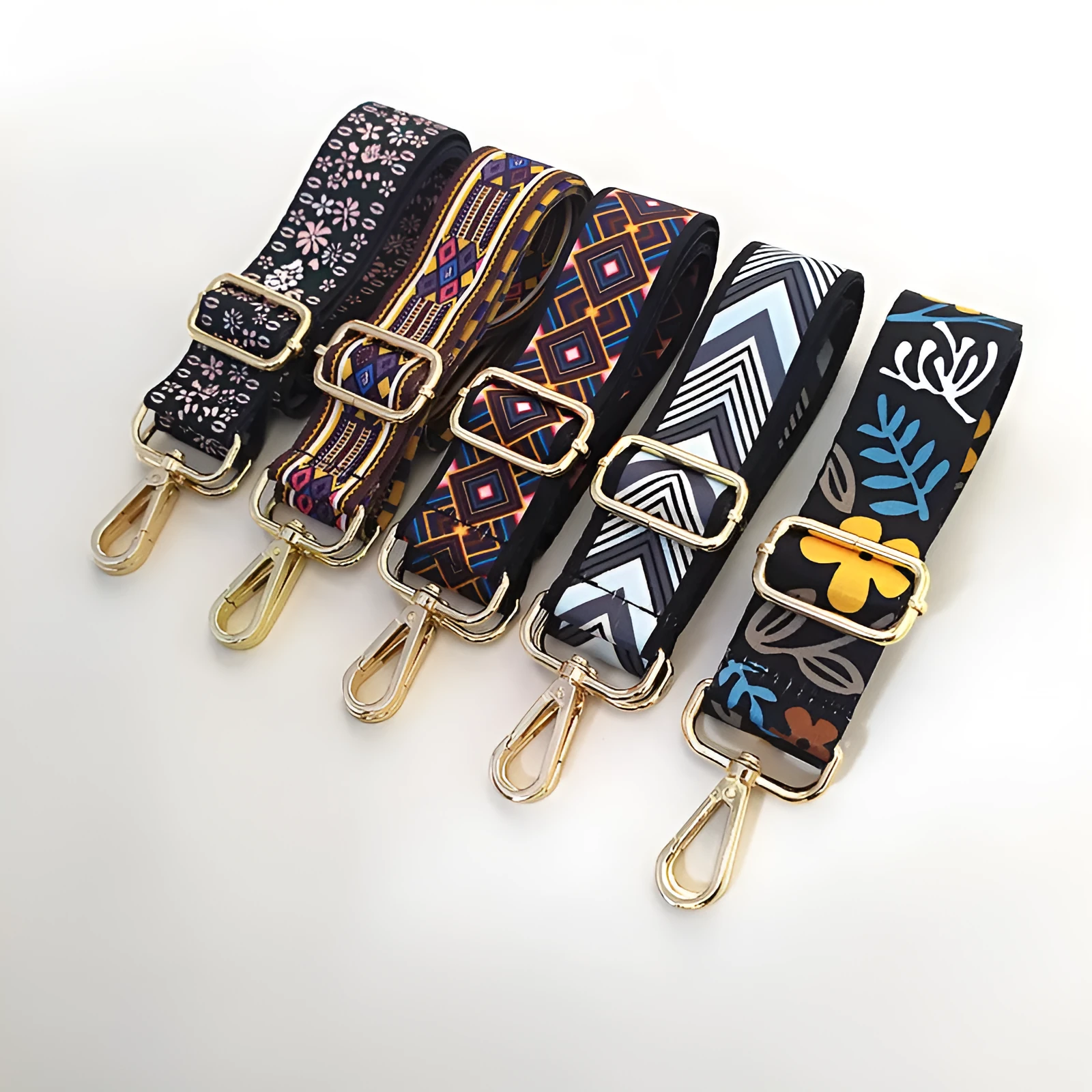 Colourful wide shoulder strap purse chain with floral pattern and gold buckle for handbag