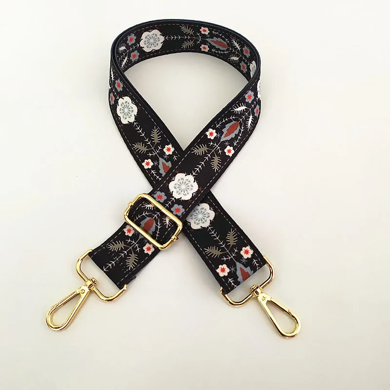 Colourful wide shoulder strap purse chain with floral pattern and gold buckle for handbag